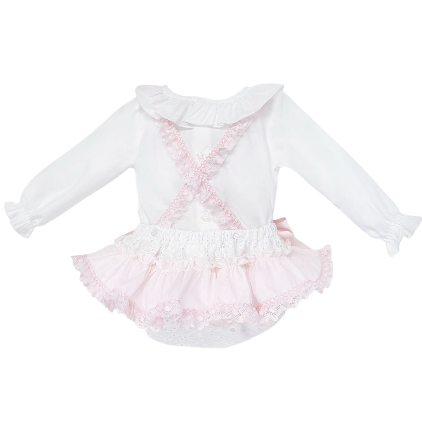 Baby Girls Pink and White Broderie Romper with Bows, alternate view 3