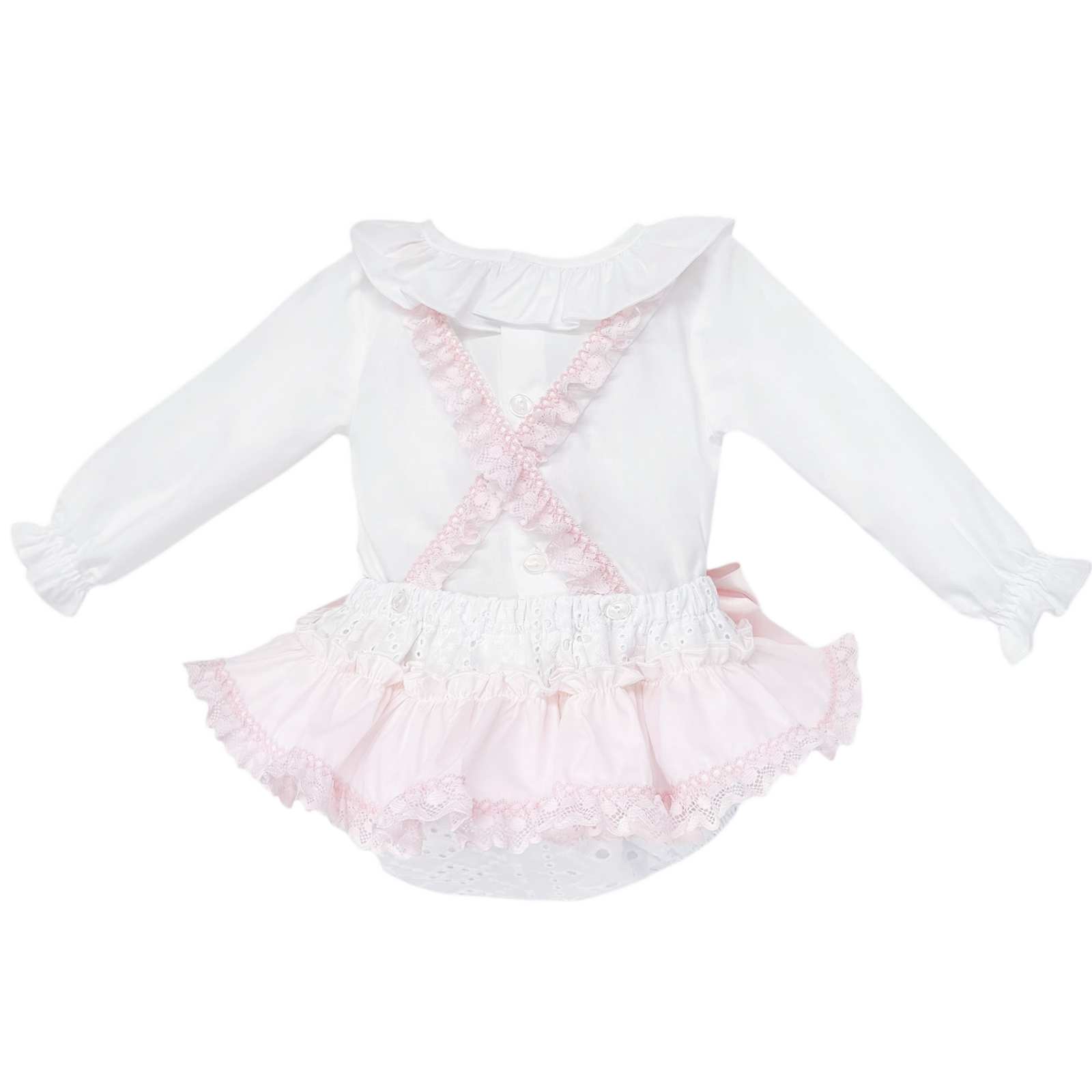 Baby Girls Pink and White Broderie Romper with Bows, alternate view 3