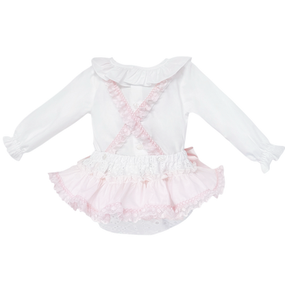 Baby Girls Pink and White Broderie Romper with Bows, alternate view 3