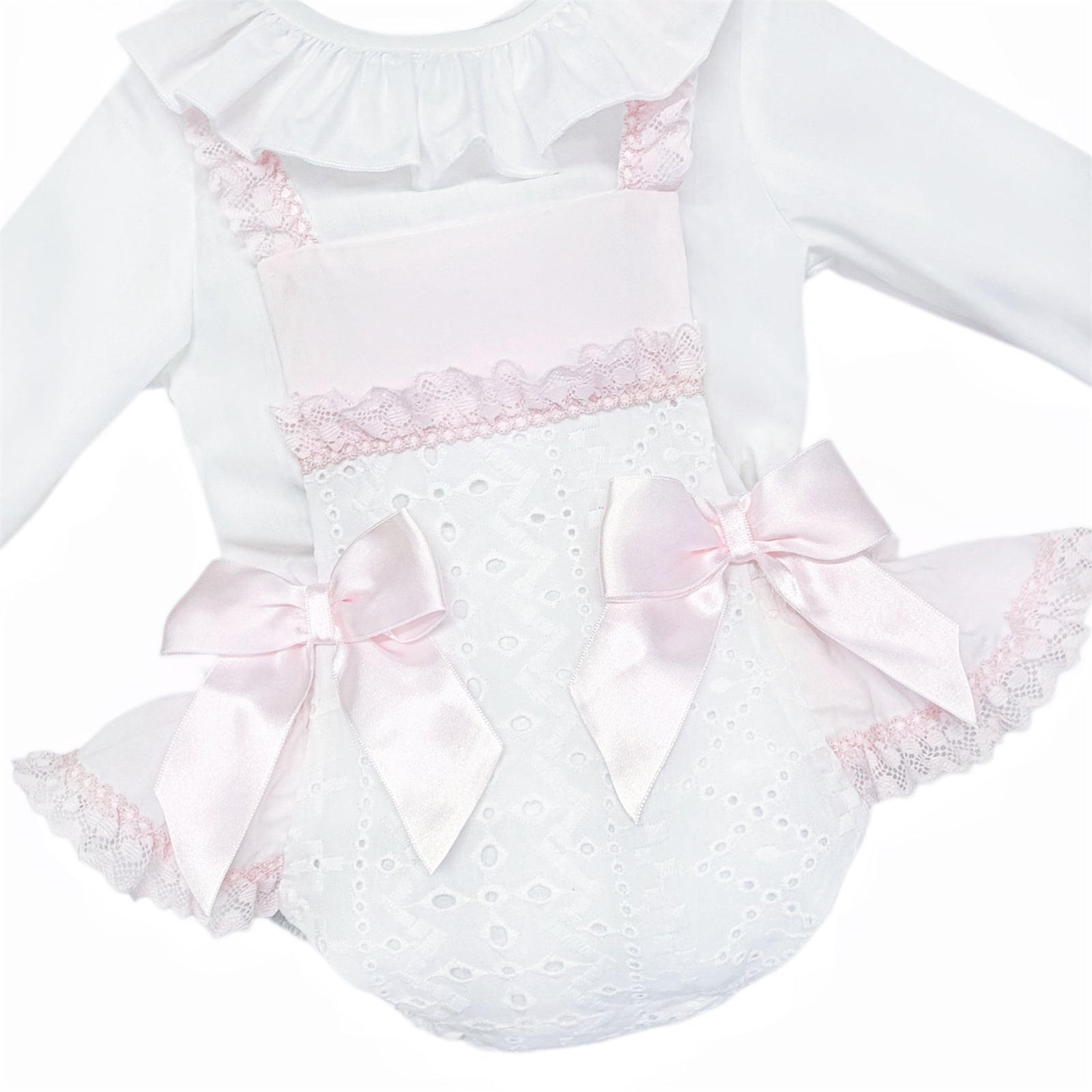 Baby Girls Pink and White Broderie Romper with Bows, detail view