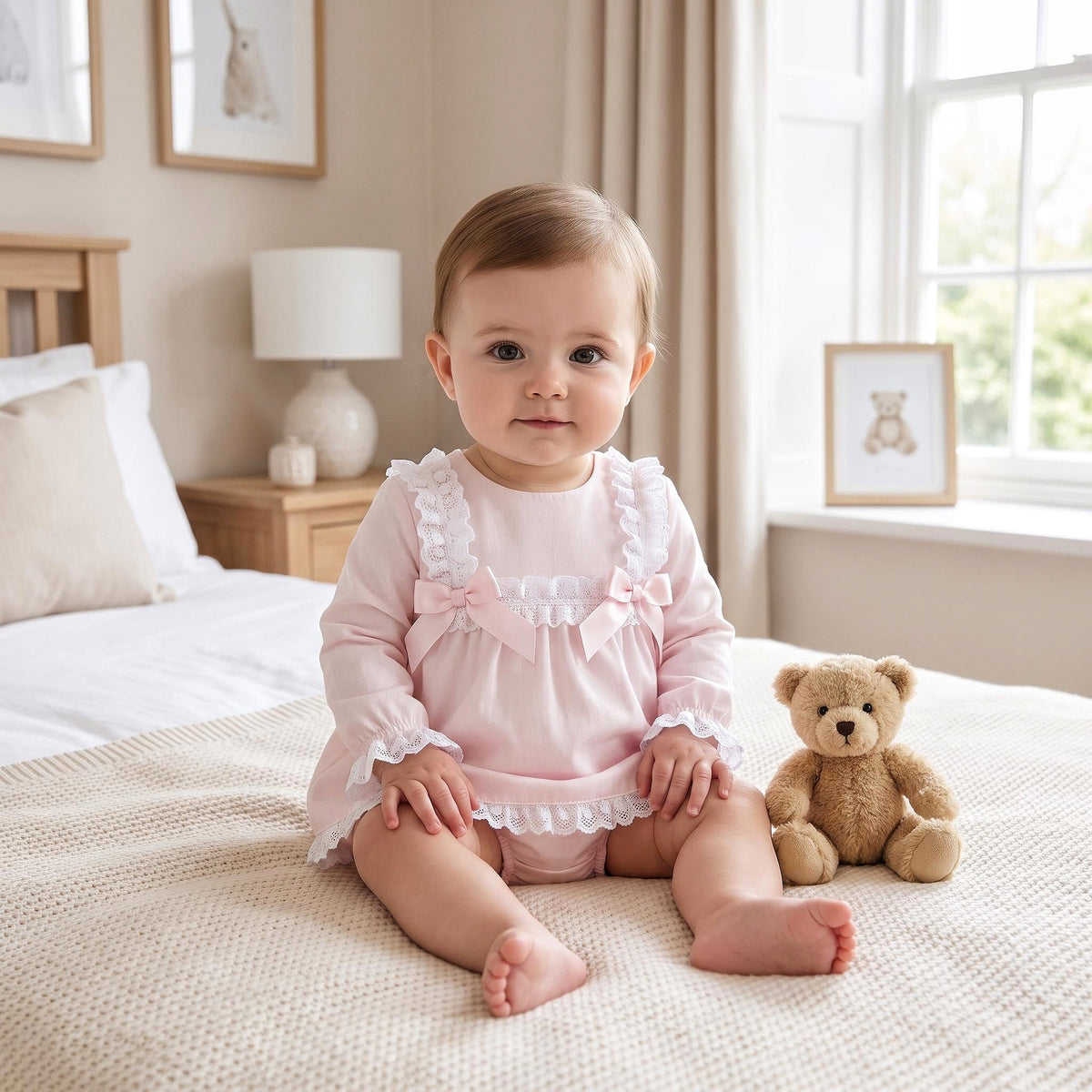 Baby Girls Pale Pink Lace Trim Dress and Pants