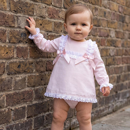 Baby Girls Pale Pink Lace Trim Dress and Pants