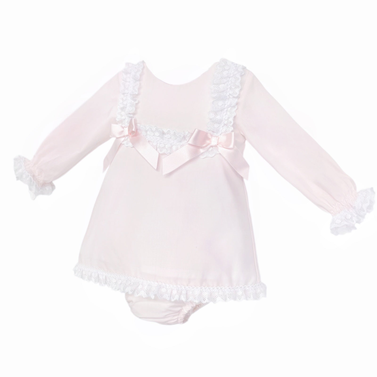 Baby Girls Pale Pink Lace Trim Dress and Pants, alternate view 1