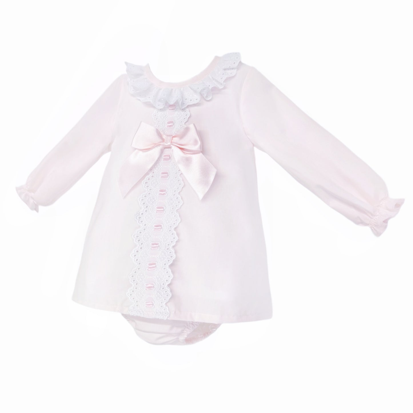Baby Girls Pale Pink Broderie Panel Dress and Pants, alternate view 1
