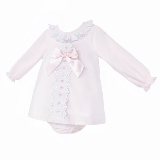 Baby Girls Pale Pink Broderie Panel Dress and Pants, alternate view 1