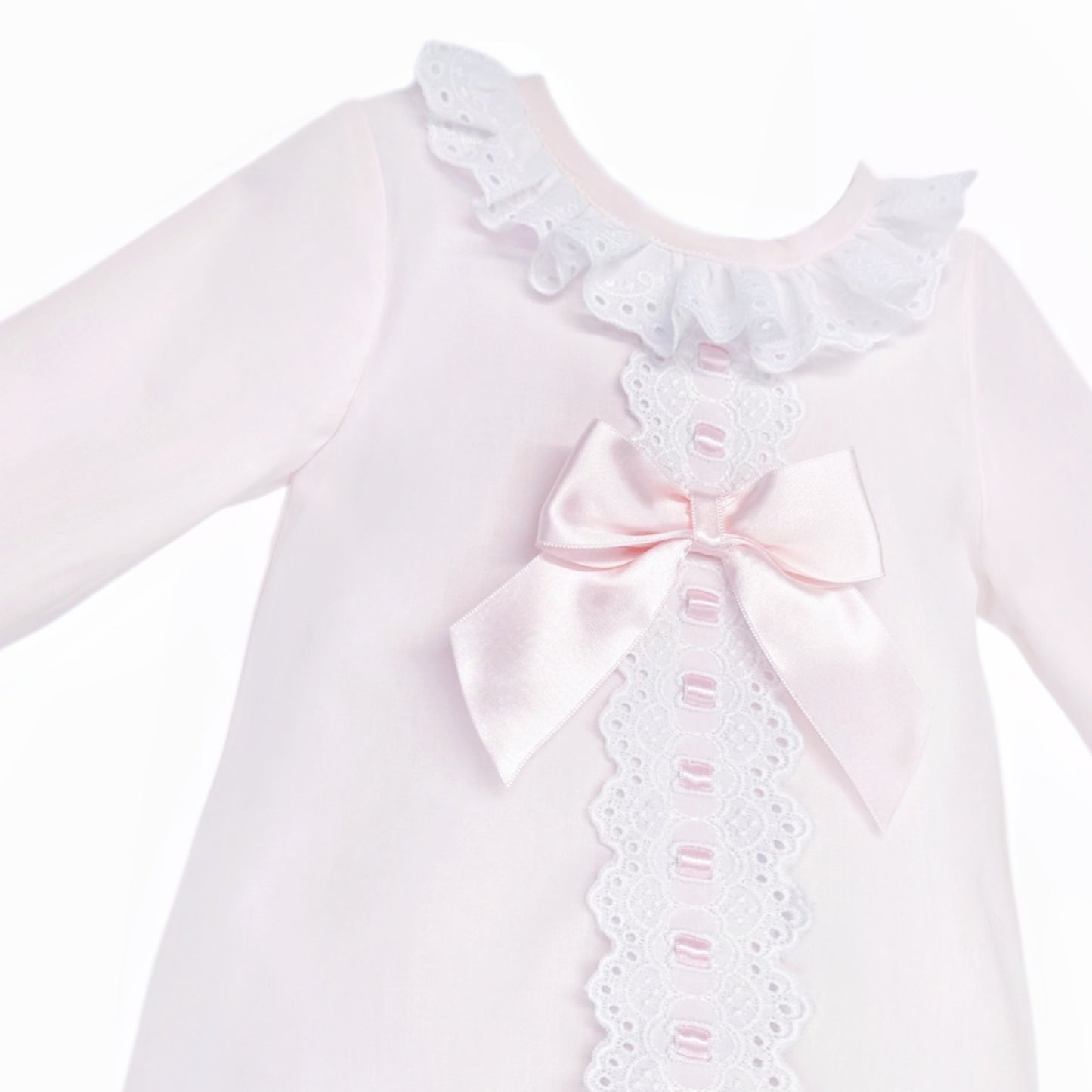 Baby Girls Pale Pink Broderie Panel Dress and Pants, detail view