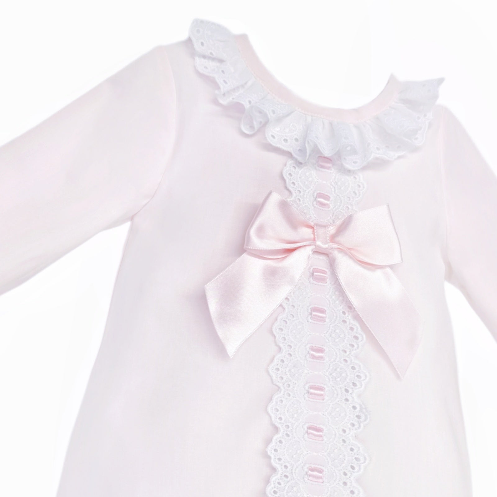Baby Girls Pale Pink Broderie Panel Dress and Pants, detail view