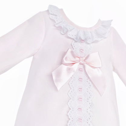 Baby Girls Pale Pink Broderie Panel Dress and Pants, detail view