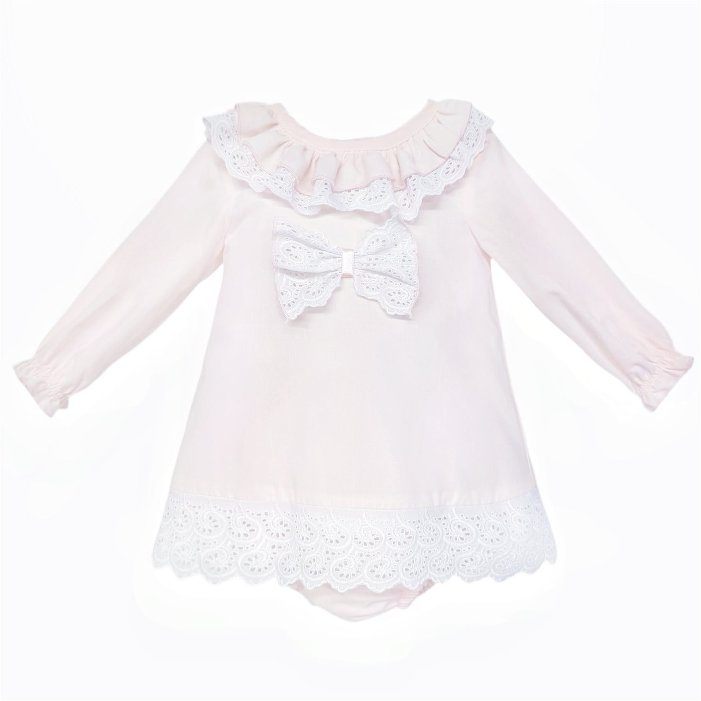 Baby Girls Pale Pink Broderie Bow Dress and Pants