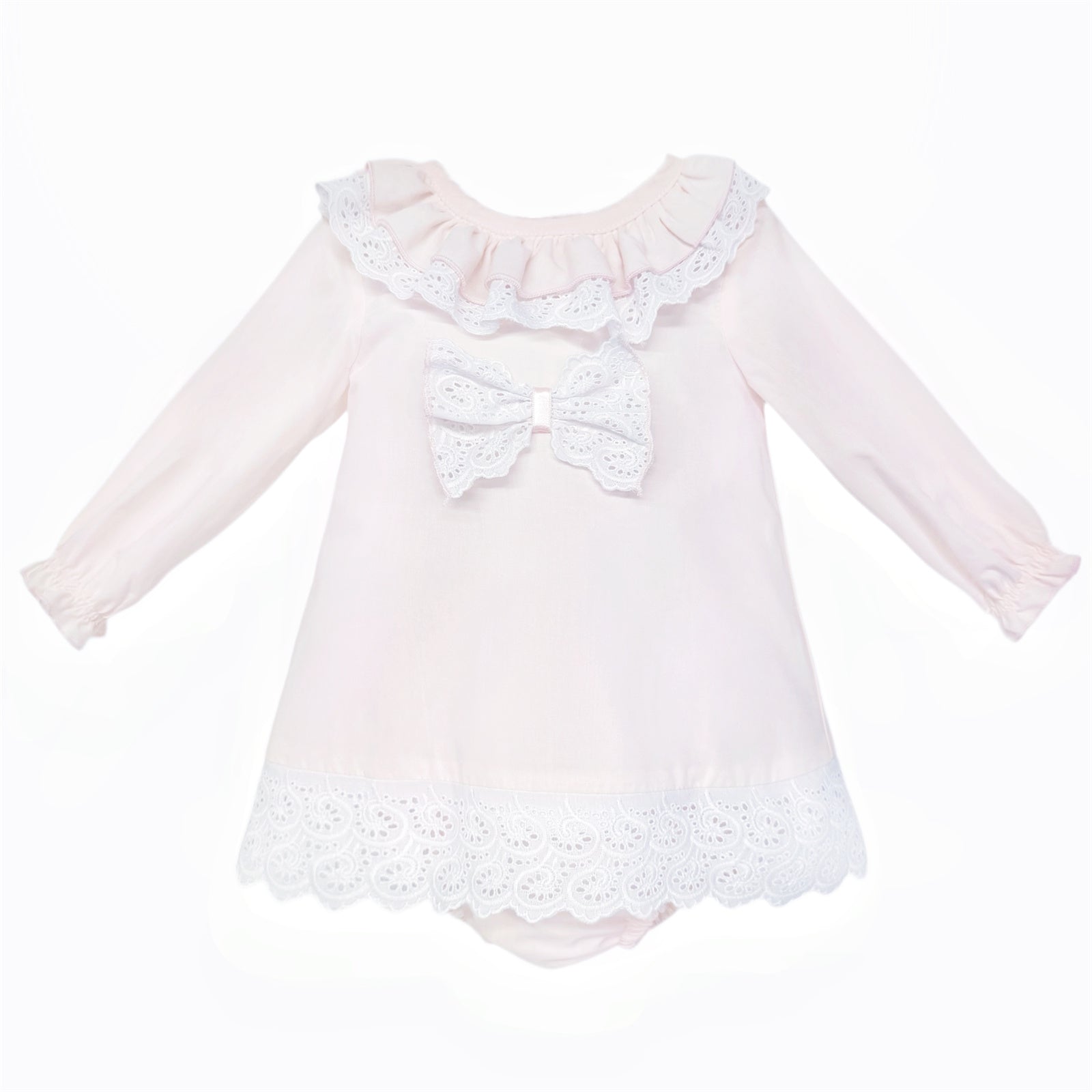 Baby Girls Pale Pink Broderie Bow Dress and Pants