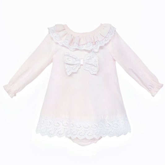 Baby Girls Pale Pink Broderie Bow Dress and Pants