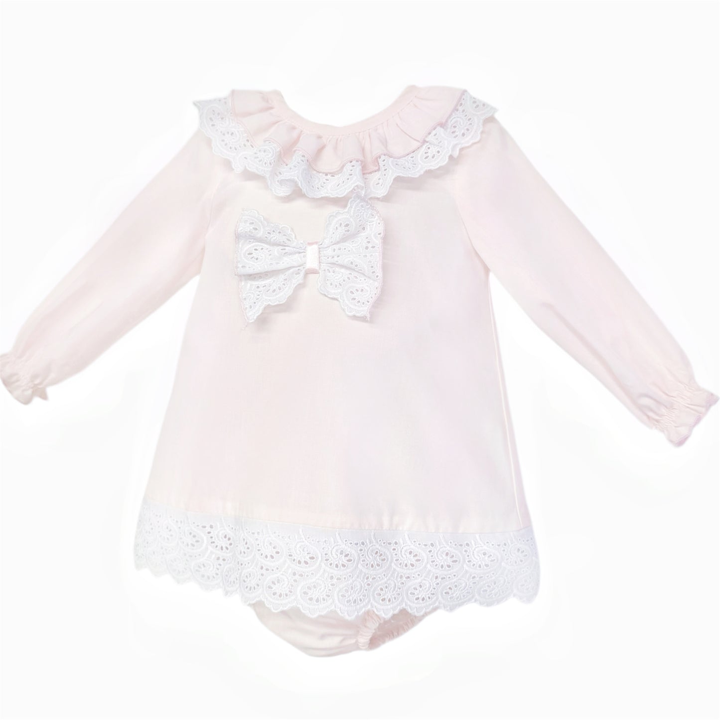 Baby Girls Pale Pink Broderie Bow Dress and Pants, alternate view 1