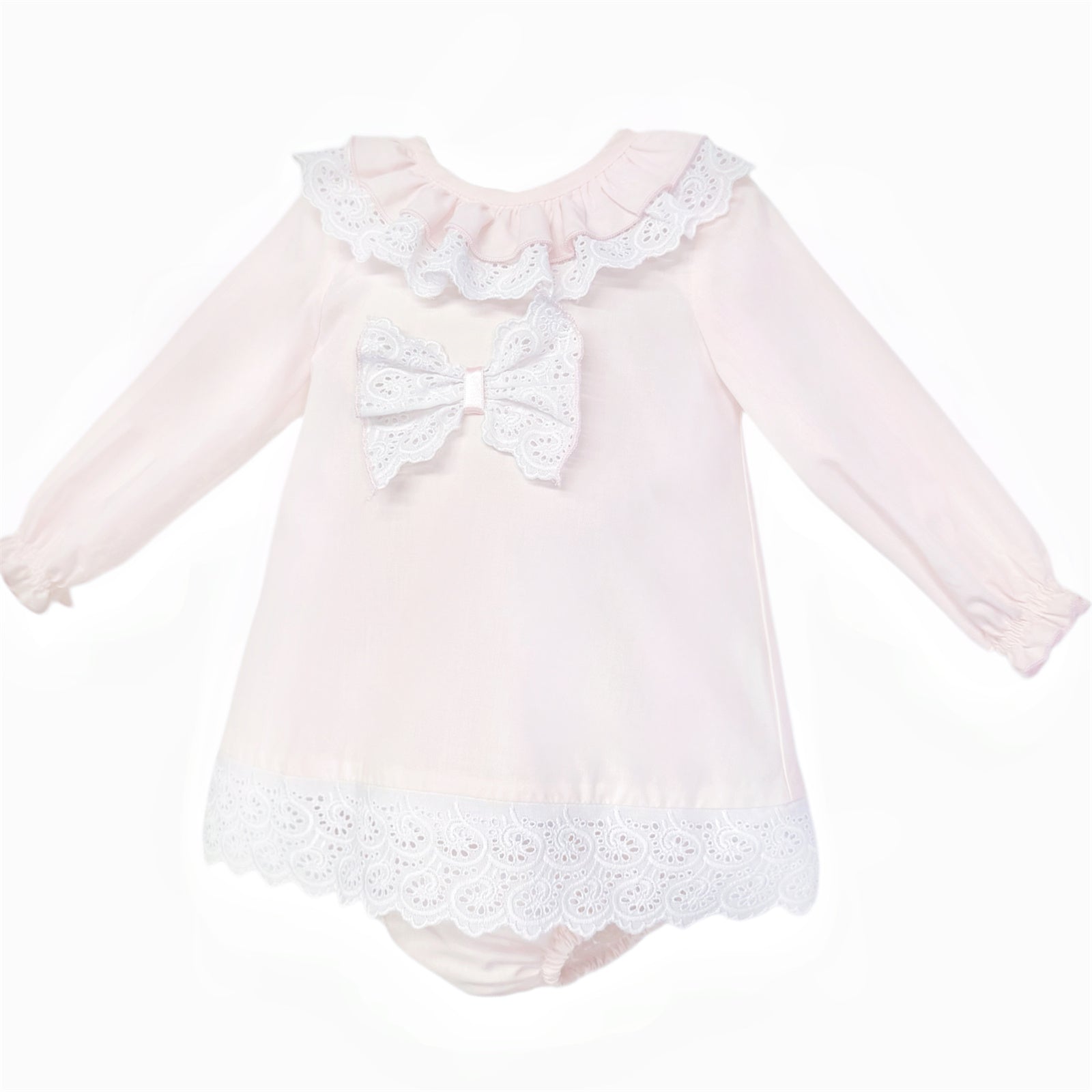 Baby Girls Pale Pink Broderie Bow Dress and Pants, alternate view 1