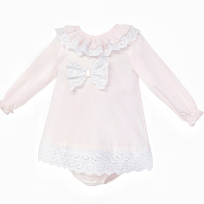Baby Girls Pale Pink Broderie Bow Dress and Pants, alternate view 1