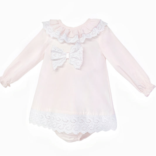 Baby Girls Pale Pink Broderie Bow Dress and Pants, alternate view 1