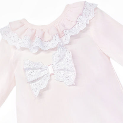 Baby Girls Pale Pink Broderie Bow Dress and Pants, detail view
