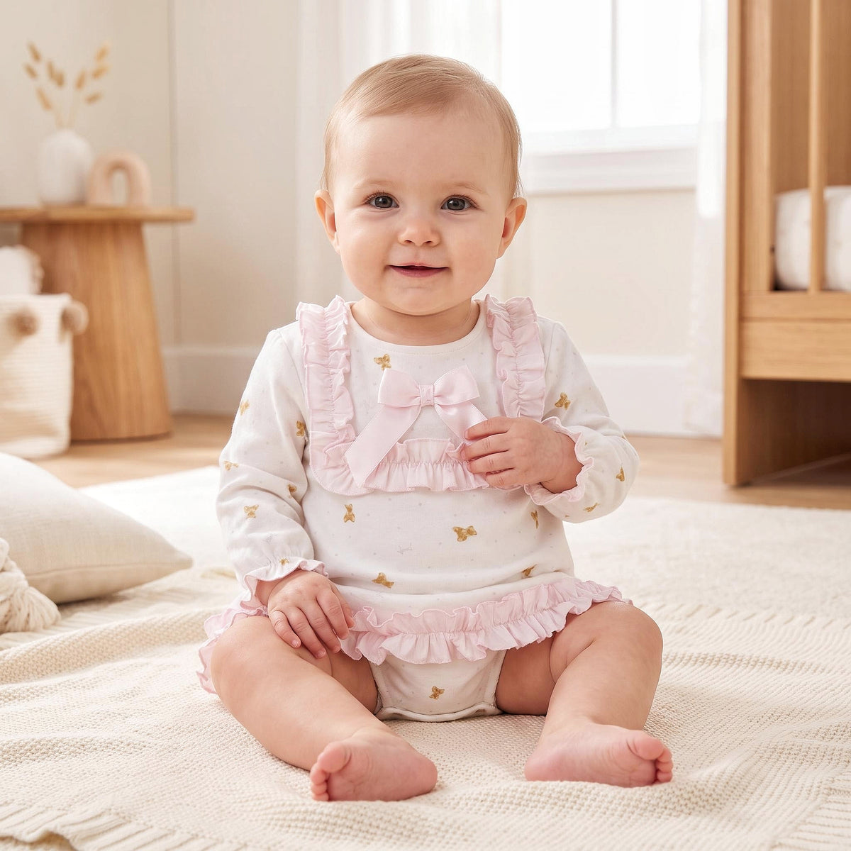 Baby Girls White Teddy Print Ruffle Dress and Pants