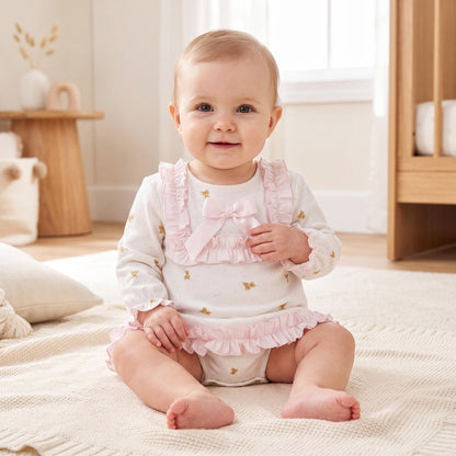 Baby Girls White Teddy Print Ruffle Dress and Pants