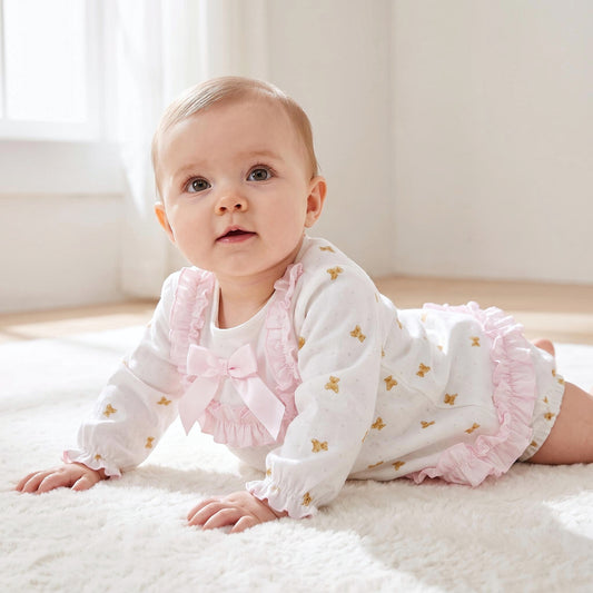 Baby Girls White Teddy Print Ruffle Dress and Pants
