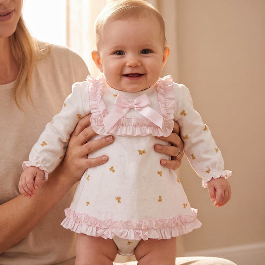 Baby Girls White Teddy Print Ruffle Dress and Pants