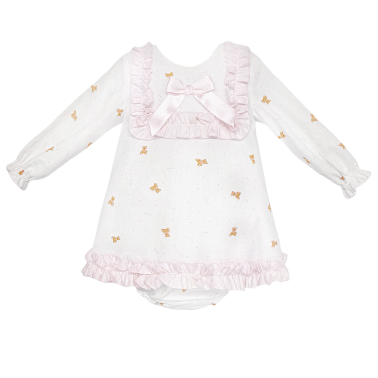 Baby Girls White Teddy Print Ruffle Dress and Pants
