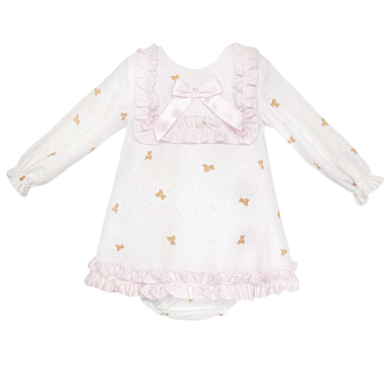 Baby Girls White Teddy Print Ruffle Dress and Pants