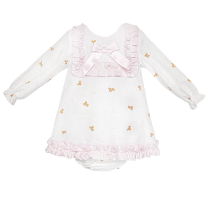 Baby Girls White Teddy Print Ruffle Dress and Pants