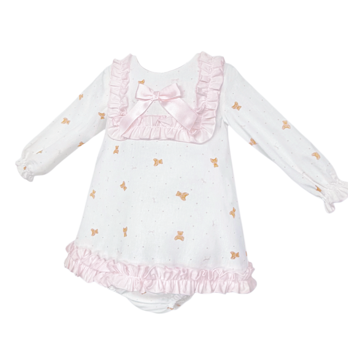 Baby Girls White Teddy Print Ruffle Dress and Pants, alternate view 1