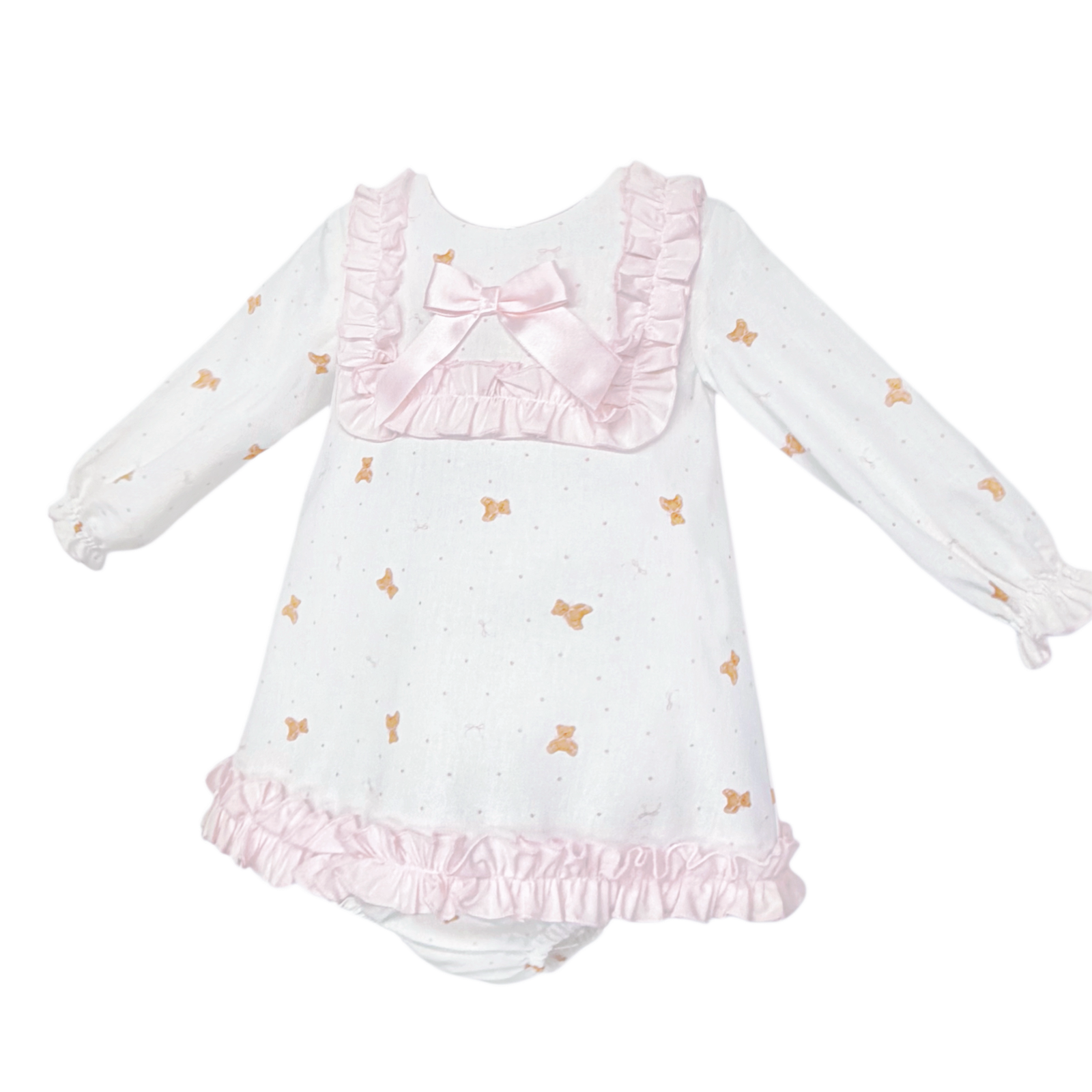 Baby Girls White Teddy Print Ruffle Dress and Pants, alternate view 1