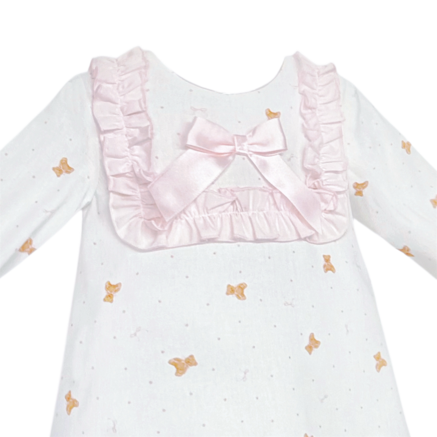 Baby Girls White Teddy Print Ruffle Dress and Pants, detail view