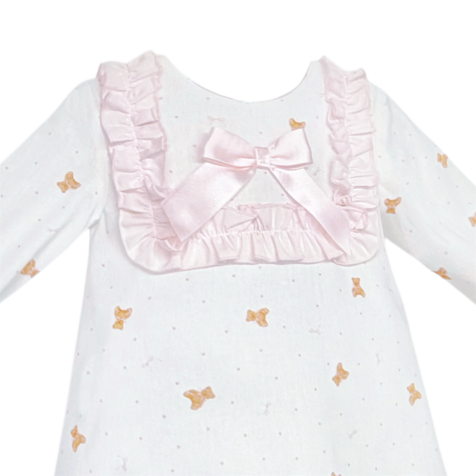 Baby Girls White Teddy Print Ruffle Dress and Pants, detail view