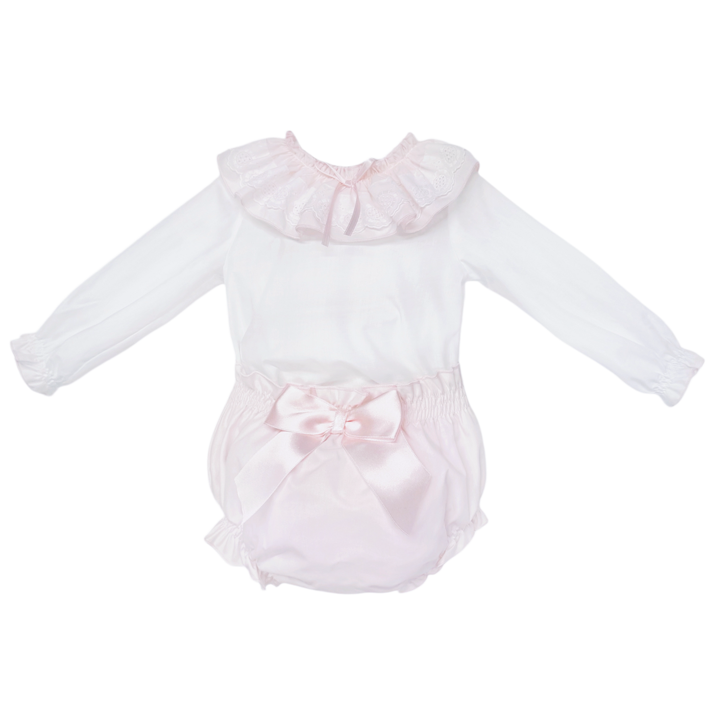 Baby Girls White Broderie Collar Top and Pink Pants