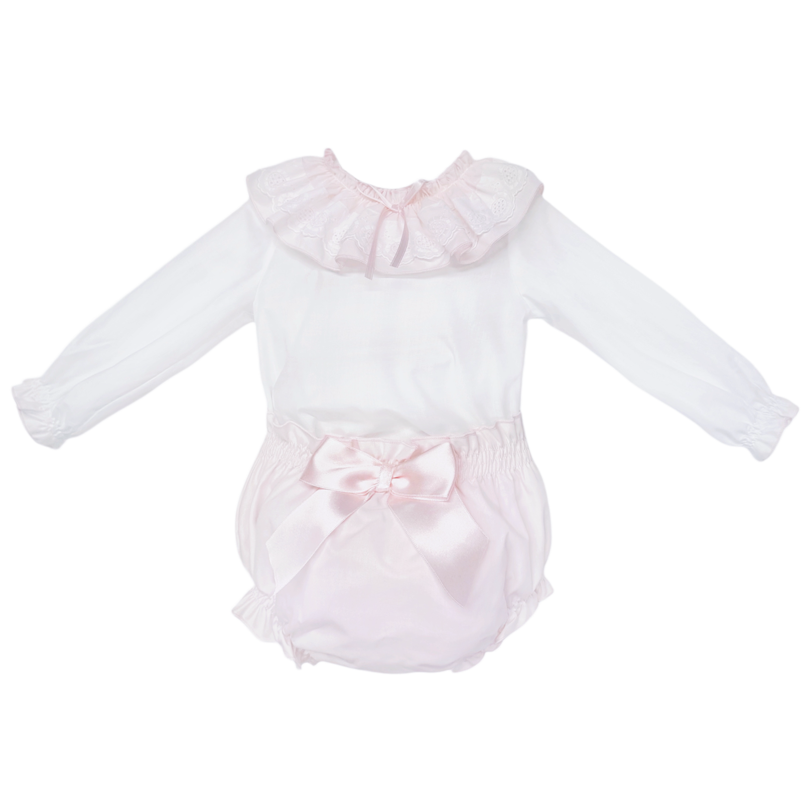 Baby Girls White Broderie Collar Top and Pink Pants