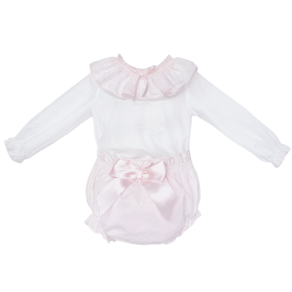 Baby Girls White Broderie Collar Top and Pink Pants
