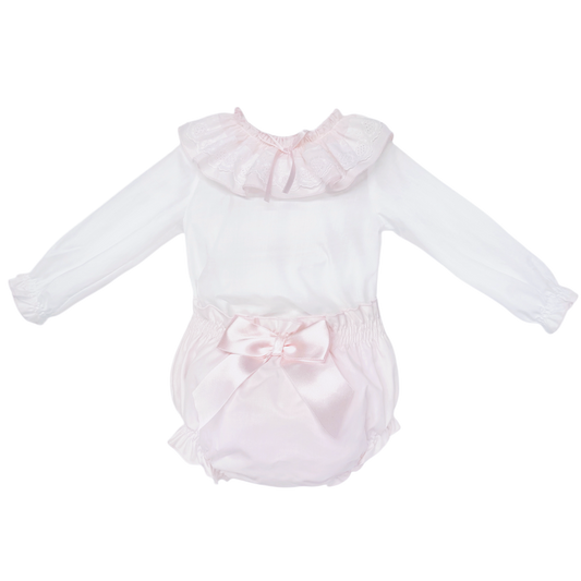 Baby Girls White Broderie Collar Top and Pink Pants