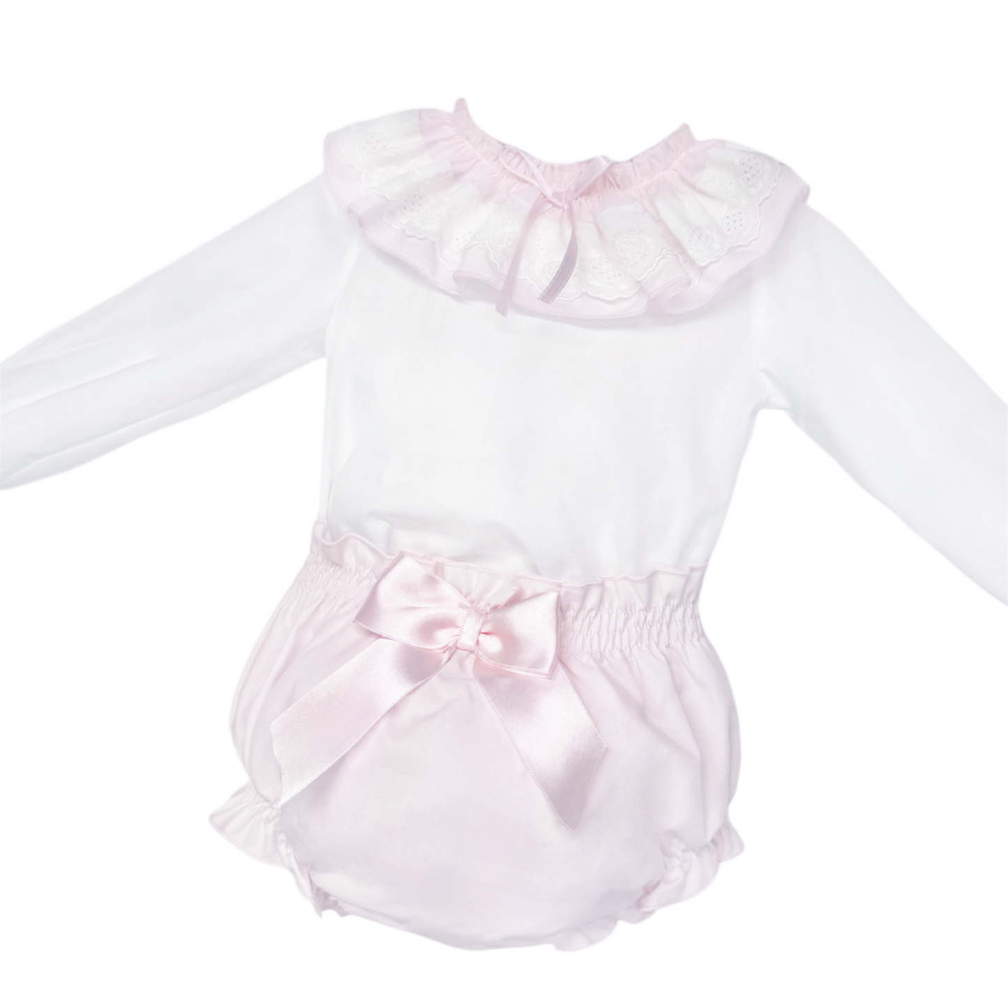 Baby Girls White Broderie Collar Top and Pink Pants, alternate view 1