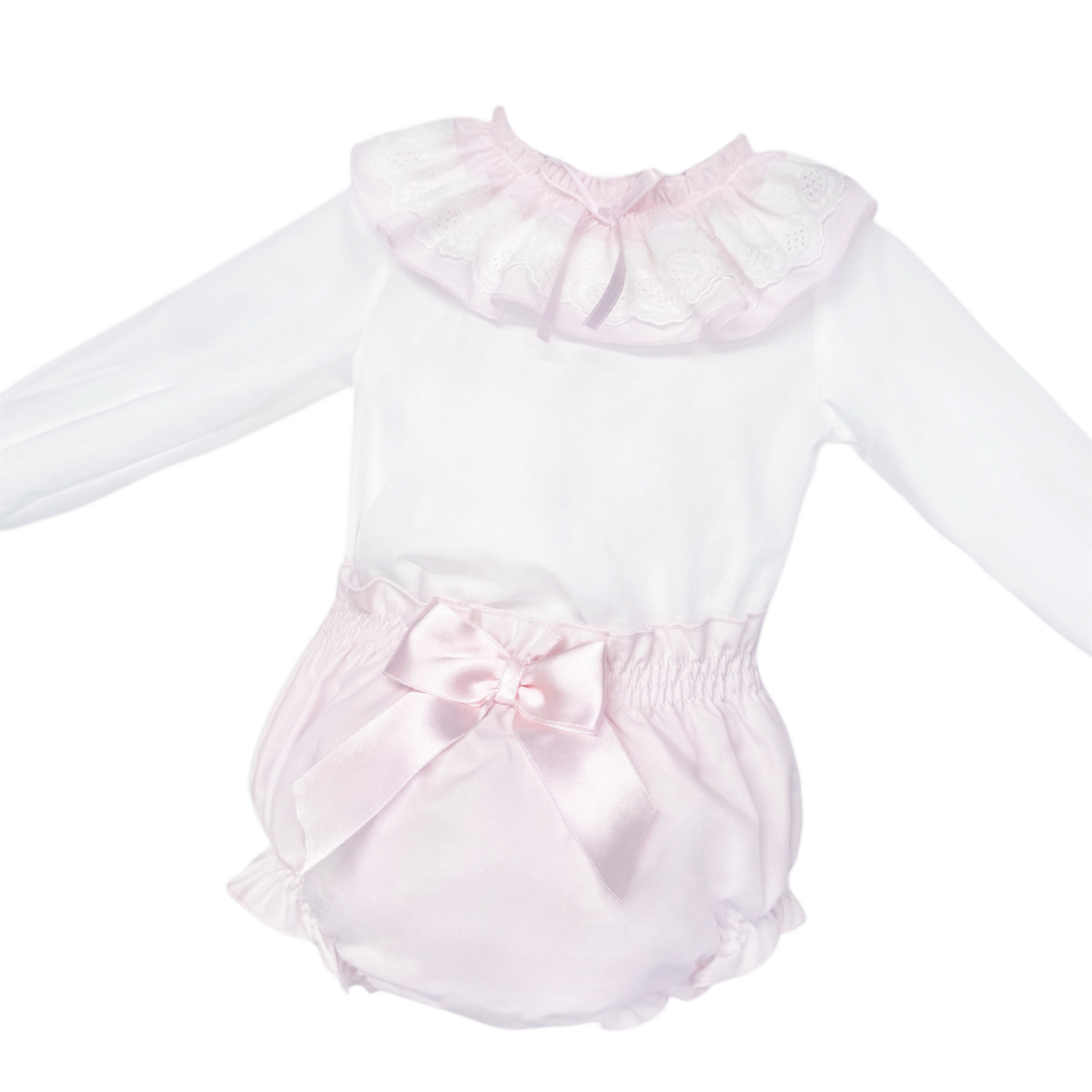 Baby Girls White Broderie Collar Top and Pink Pants, alternate view 1