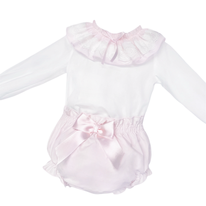 Baby Girls White Broderie Collar Top and Pink Pants, alternate view 1