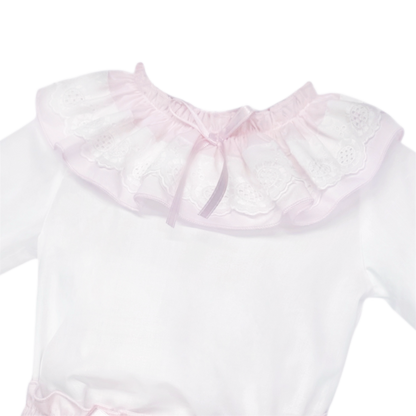 Baby Girls White Broderie Collar Top and Pink Pants, detail view