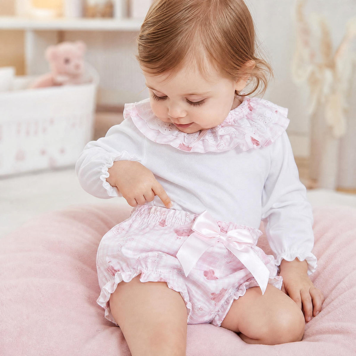 Baby Girls Pink Gingham Teddy Top and Pants Set