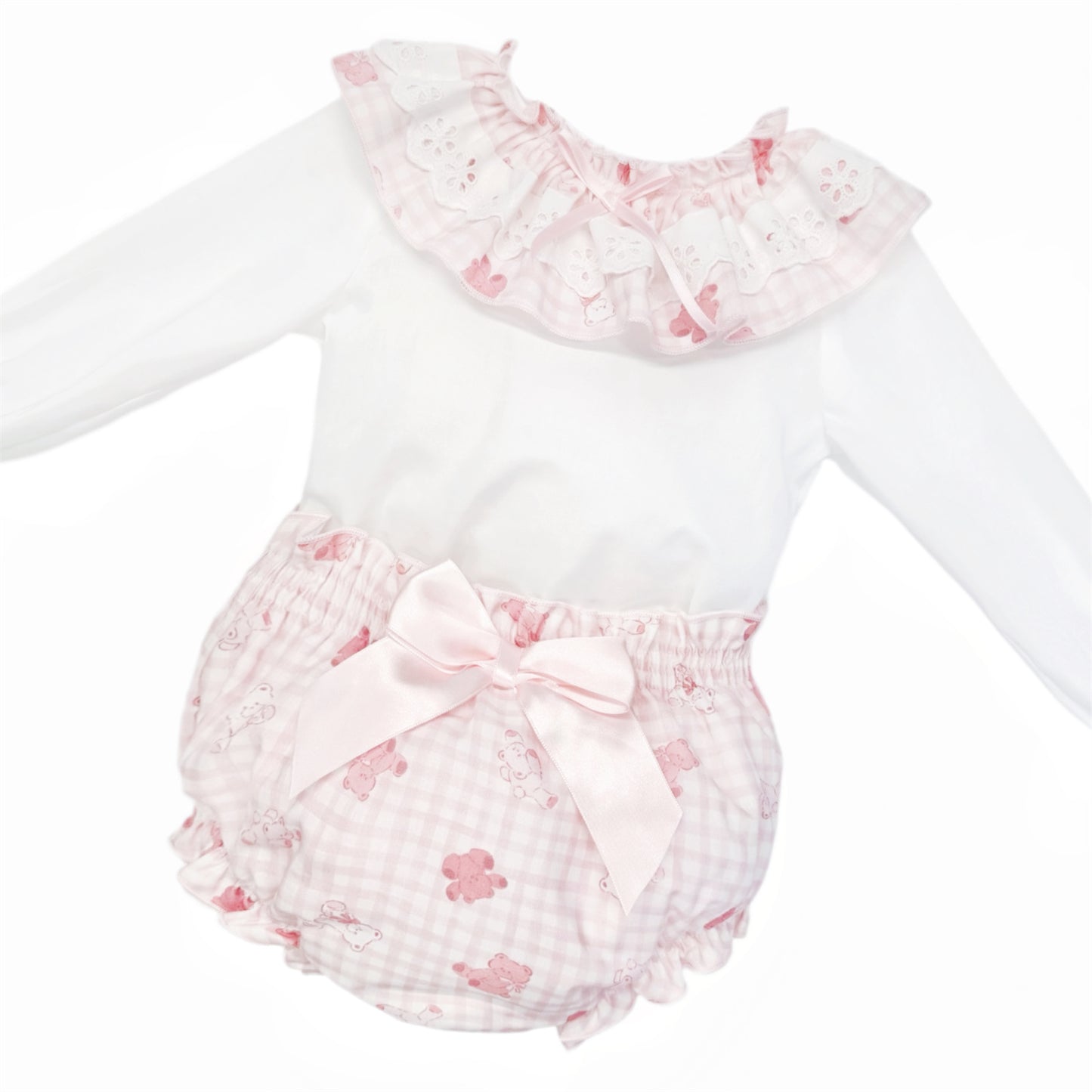 Baby Girls Pink Gingham Teddy Top and Pants Set, detail view