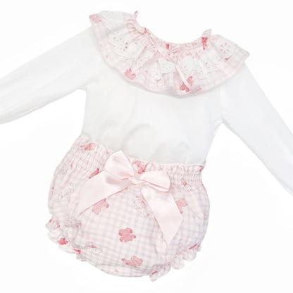 Baby Girls Pink Gingham Teddy Top and Pants Set, detail view