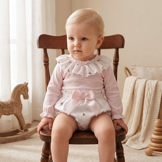 Baby Girls Pink Teddy Frill Collar Top and Pants Set