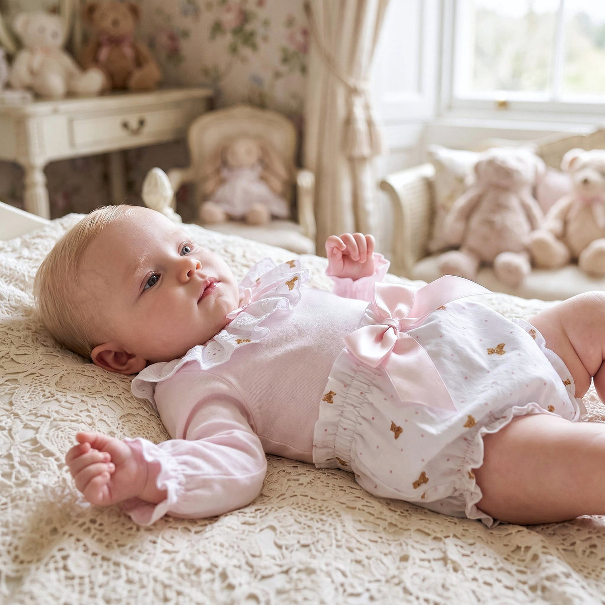Baby Girls Pink Teddy Frill Collar Top and Pants Set