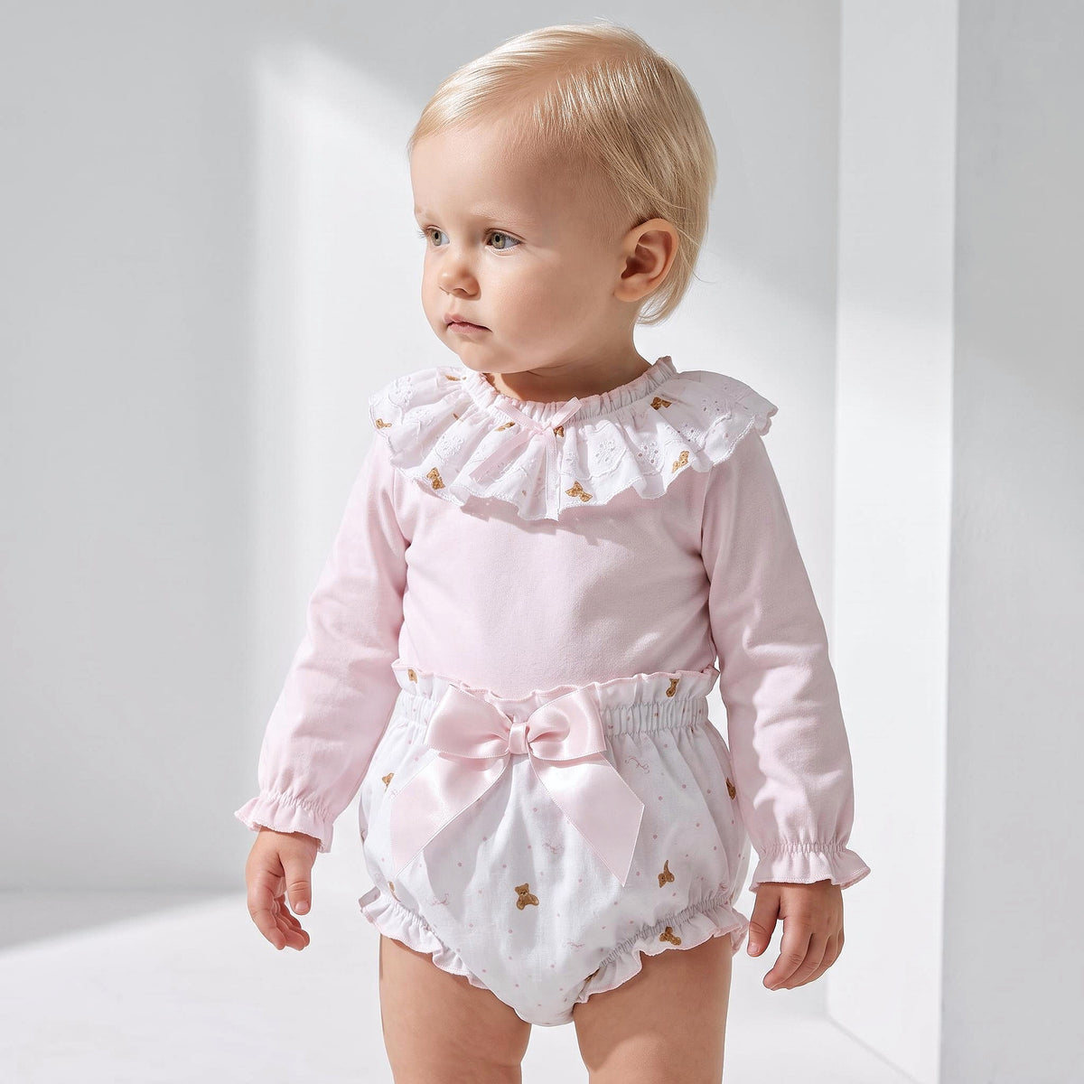 Baby Girls Pink Teddy Frill Collar Top and Pants Set