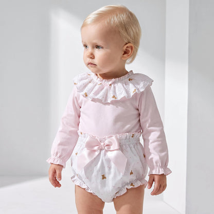 Baby Girls Pink Teddy Frill Collar Top and Pants Set