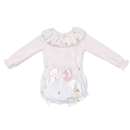 Baby Girls Pink Teddy Frill Collar Top and Pants Set, alternate view 1