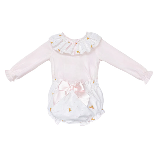 Baby Girls Pink Teddy Frill Collar Top and Pants Set, alternate view 1