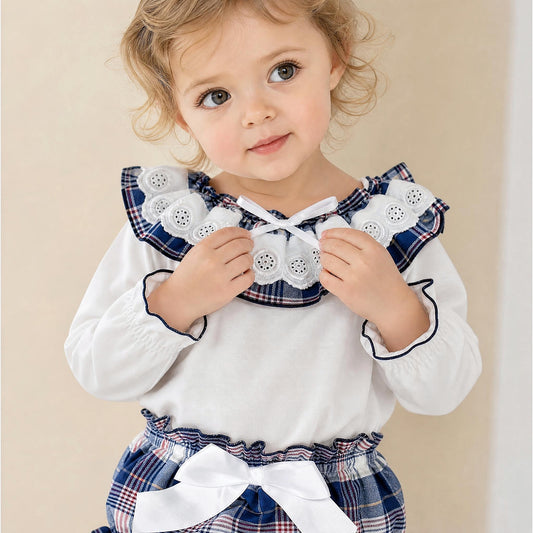 Baby Girls White Broderie Top and Navy Check Pants Set