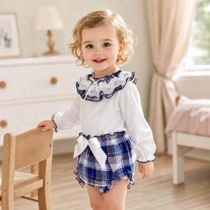 Baby Girls White Broderie Top and Navy Check Pants Set